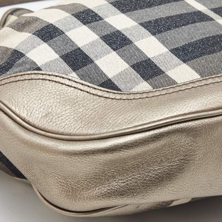 Pre Owned Burberry Metallic/Grey Beat Check Canvas and Leather Drawstring Hobo