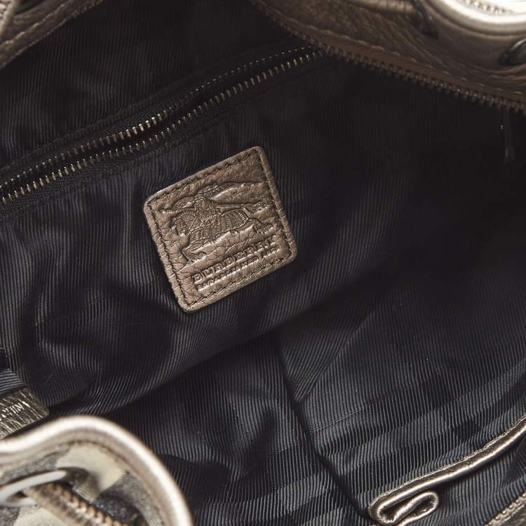 Pre Owned Burberry Metallic/Grey Beat Check Canvas and Leather Drawstring Hobo