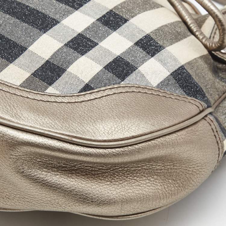 Pre Owned Burberry Metallic/Grey Beat Check Canvas and Leather Drawstring Hobo