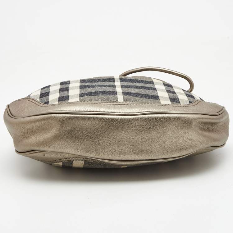Pre Owned Burberry Metallic/Grey Beat Check Canvas and Leather Drawstring Hobo