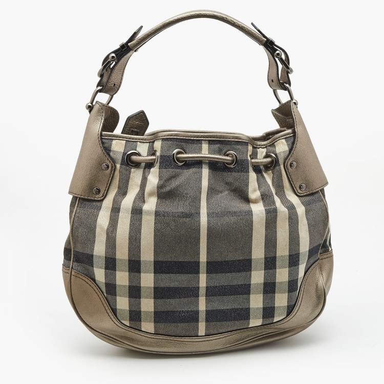 Pre Owned Burberry Metallic/Grey Beat Check Canvas and Leather Drawstring Hobo