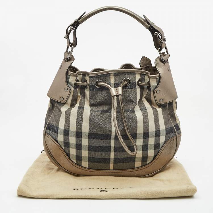 Pre Owned Burberry Metallic/Grey Beat Check Canvas and Leather Drawstring Hobo