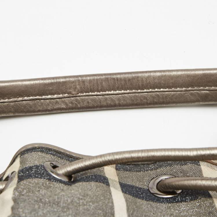 Pre Owned Burberry Metallic/Grey Beat Check Canvas and Leather Drawstring Hobo