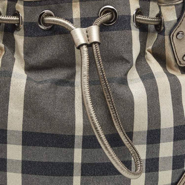 Pre Owned Burberry Metallic/Grey Beat Check Canvas and Leather Drawstring Hobo