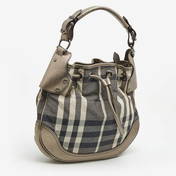 Pre Owned Burberry Metallic/Grey Beat Check Canvas and Leather Drawstring Hobo