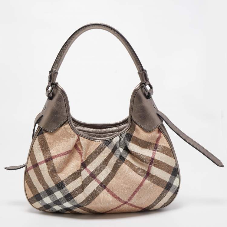 Pre Owned Burberry Dark Nickel/Beige Supernova PVC and Leather Small Brooklyn Hobo