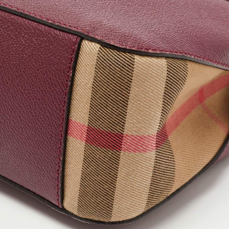 Pre Owned Burberry Burgundy Leather And House Check Fabric Helmsley Crossbody Bag