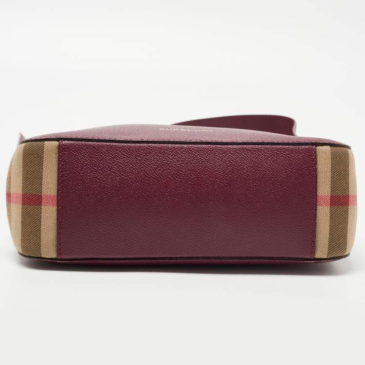 Pre Owned Burberry Burgundy Leather And House Check Fabric Helmsley Crossbody Bag
