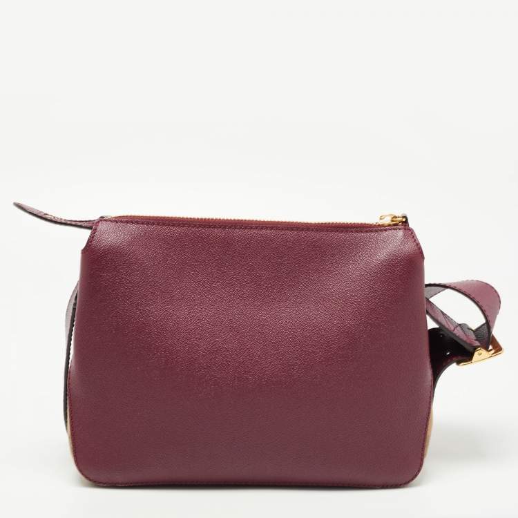 Pre Owned Burberry Burgundy Leather And House Check Fabric Helmsley Crossbody Bag