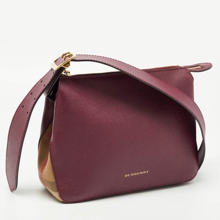 Pre Owned Burberry Burgundy Leather And House Check Fabric Helmsley Crossbody Bag