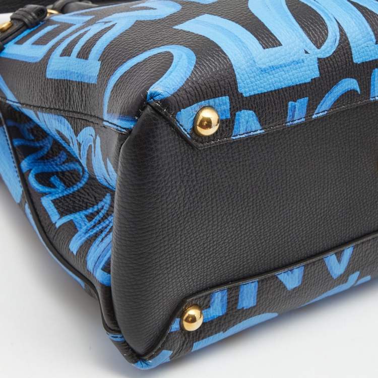 Pre Owned Burberry Black/Blue Leather Medium Graffiti Banner Tote
