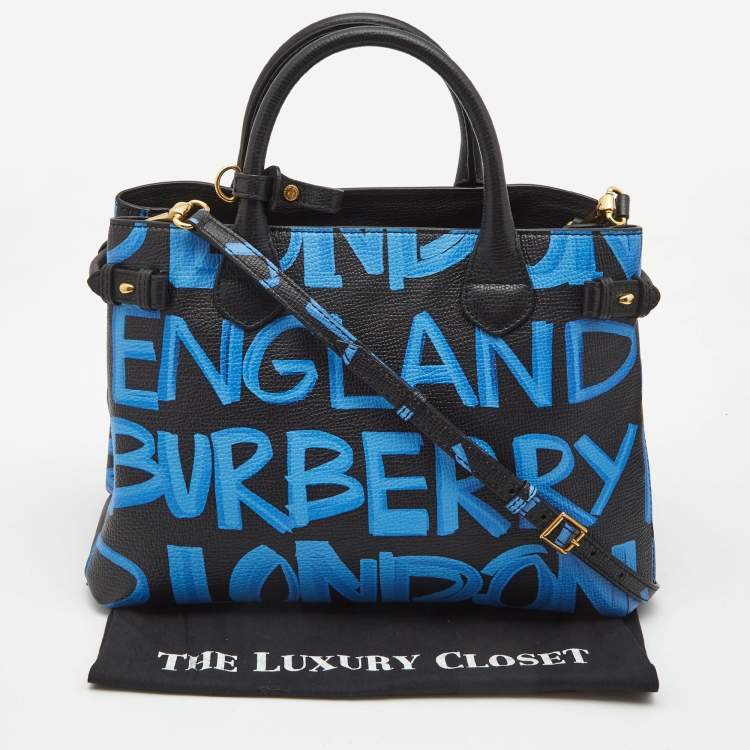 Pre Owned Burberry Black/Blue Leather Medium Graffiti Banner Tote