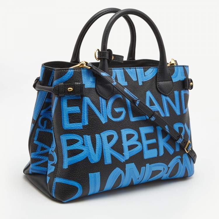 Pre Owned Burberry Black/Blue Leather Medium Graffiti Banner Tote