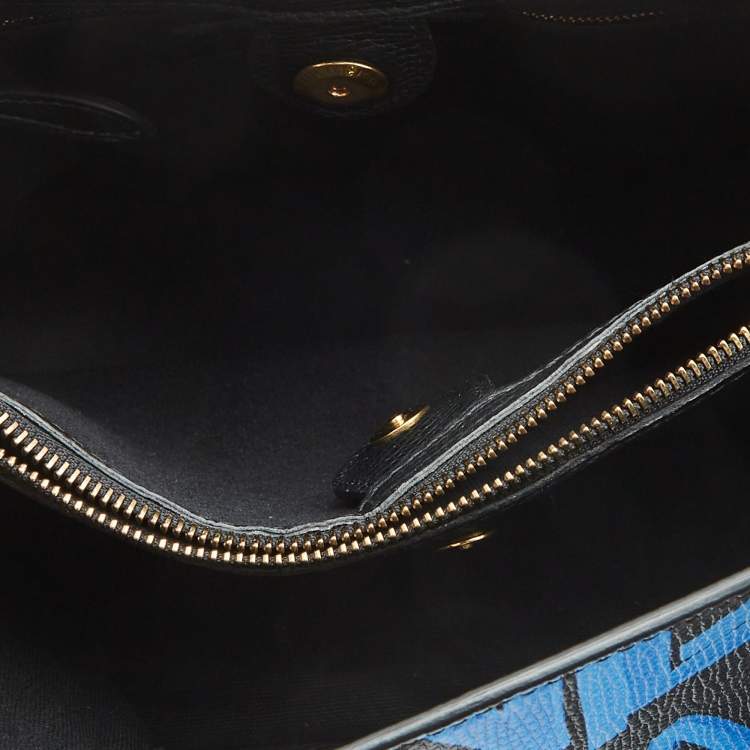 Pre Owned Burberry Black/Blue Leather Medium Graffiti Banner Tote