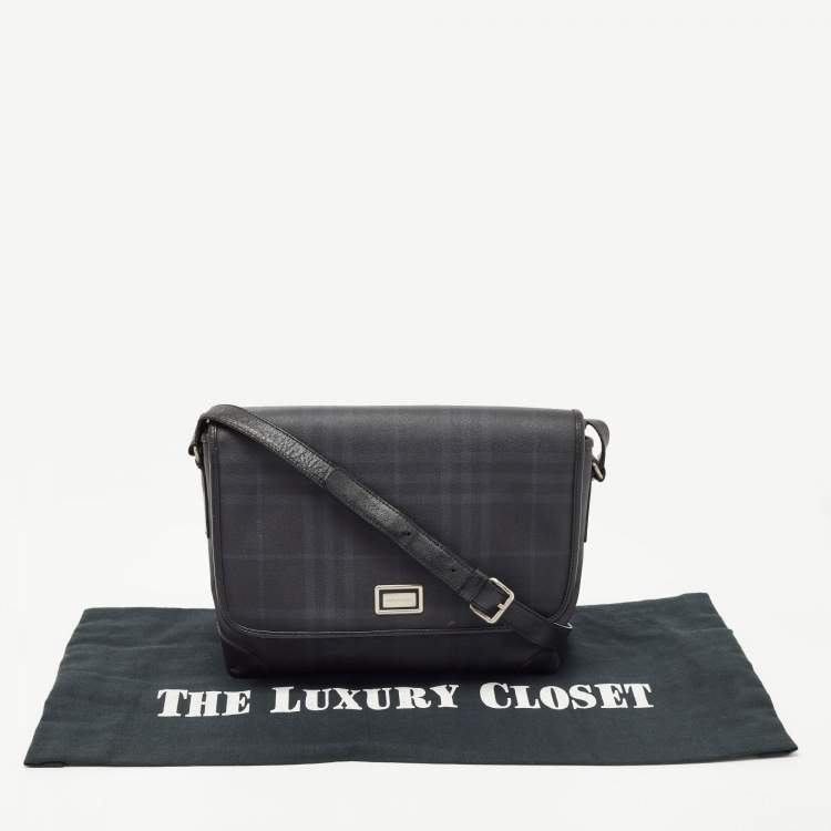Pre Owned Burberry Black Beat Check Coated Canvas and Leather Flap Shoulder Bag