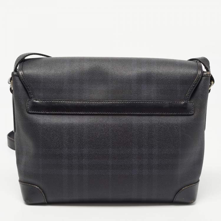 Pre Owned Burberry Black Beat Check Coated Canvas and Leather Flap Shoulder Bag