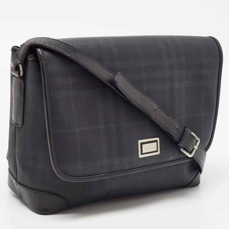 Pre Owned Burberry Black Beat Check Coated Canvas and Leather Flap Shoulder Bag