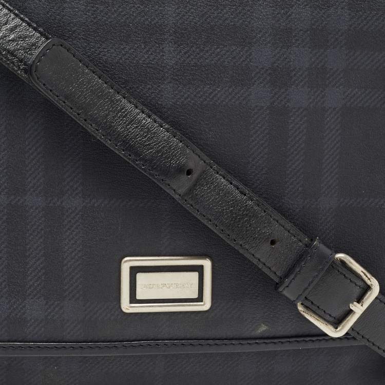 Pre Owned Burberry Black Beat Check Coated Canvas and Leather Flap Shoulder Bag