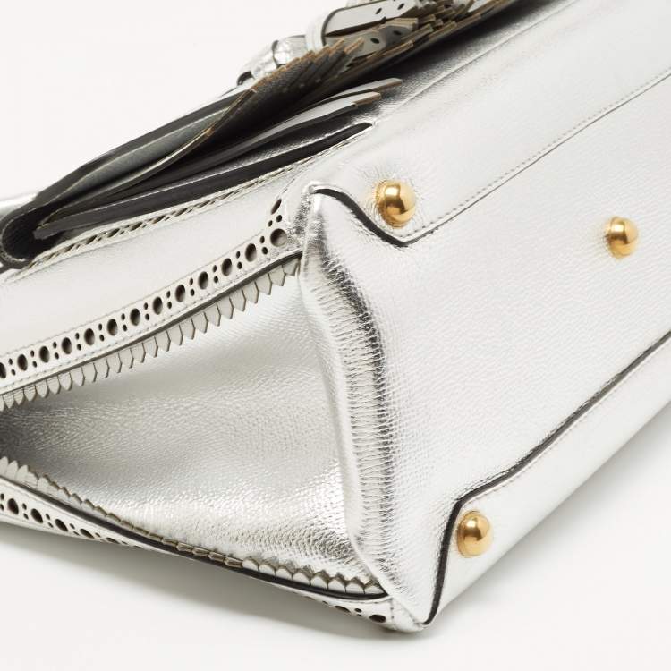 Pre Owned Burberry Silver Leather Brogues Banner Fringe Tote