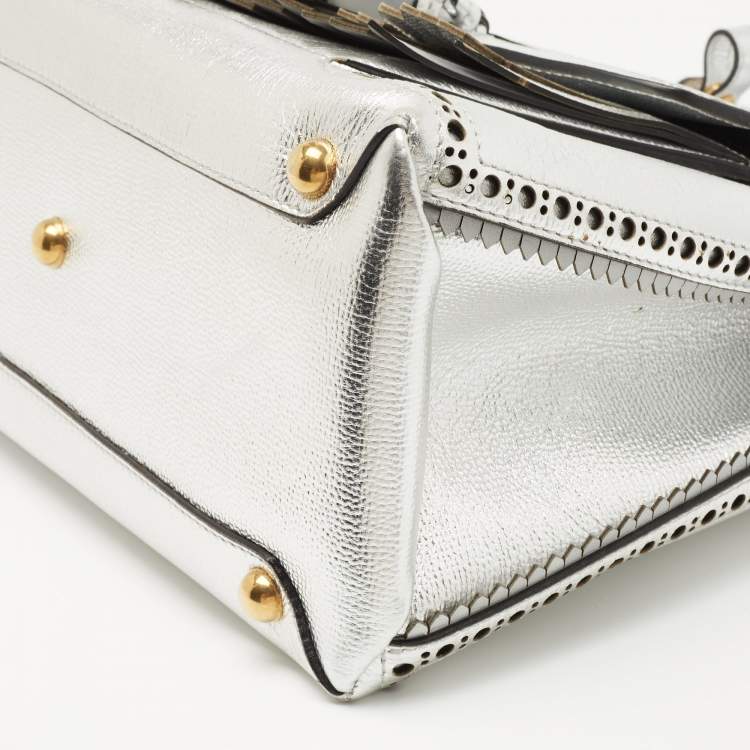 Pre Owned Burberry Silver Leather Brogues Banner Fringe Tote