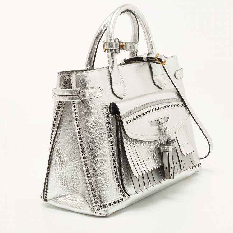Pre Owned Burberry Silver Leather Brogues Banner Fringe Tote