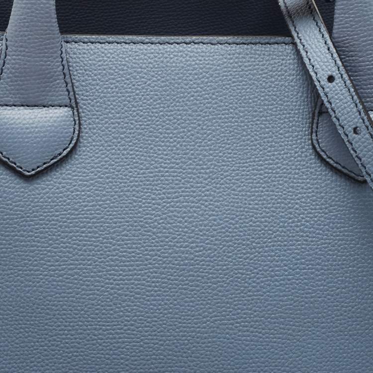 Pre Owned Burberry Blue Leather and House Check Canvas Medium Banner Tote