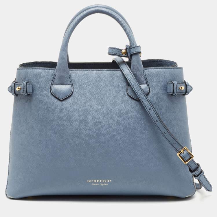 Pre Owned Burberry Blue Leather and House Check Canvas Medium Banner Tote