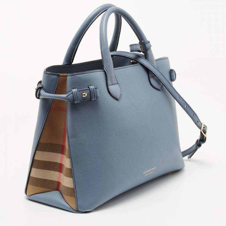 Pre Owned Burberry Blue Leather and House Check Canvas Medium Banner Tote