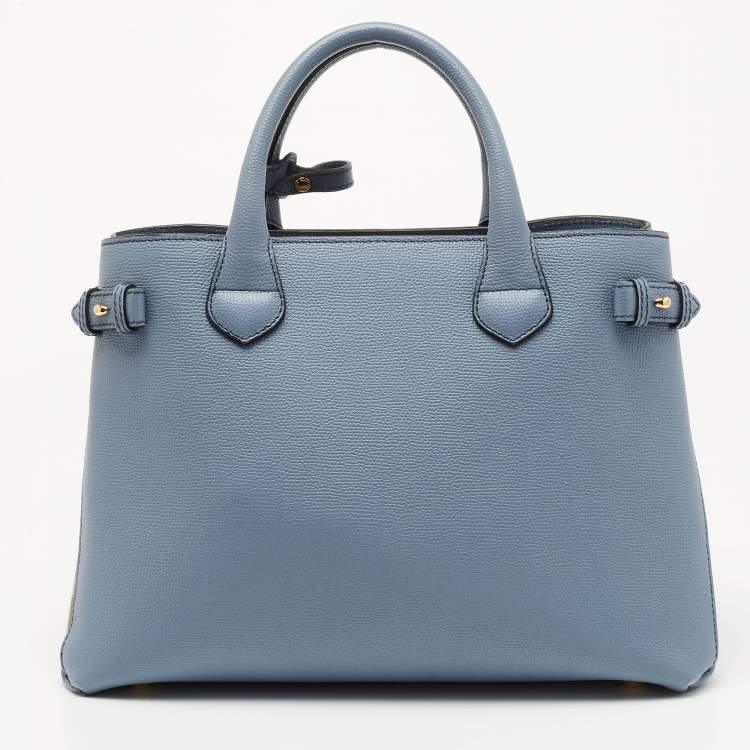 Pre Owned Burberry Blue Leather and House Check Canvas Medium Banner Tote