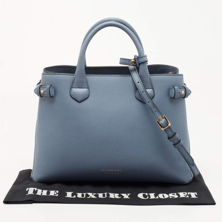 Pre Owned Burberry Blue Leather and House Check Canvas Medium Banner Tote