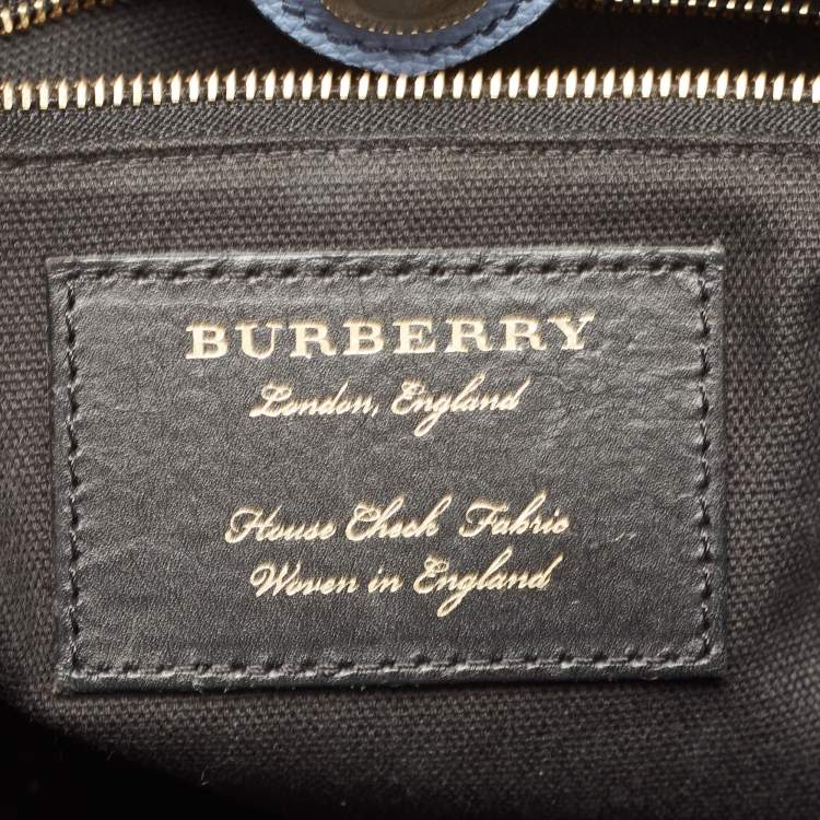 Pre Owned Burberry Blue Leather and House Check Canvas Medium Banner Tote