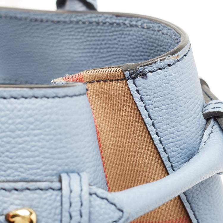 Pre Owned Burberry Blue Leather and House Check Canvas Medium Banner Tote