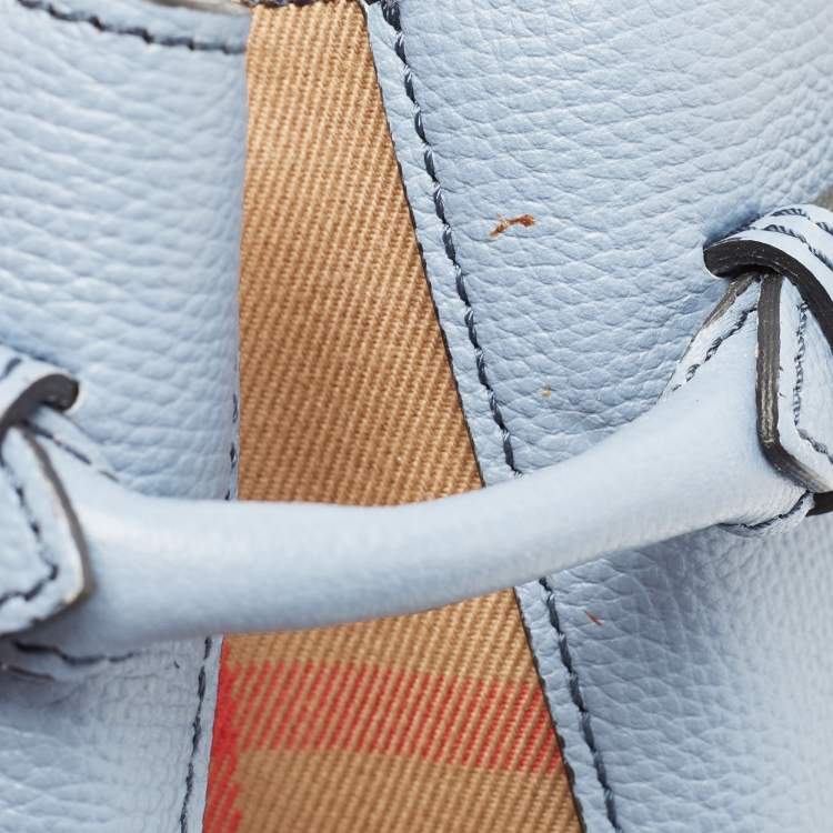 Pre Owned Burberry Blue Leather and House Check Canvas Medium Banner Tote