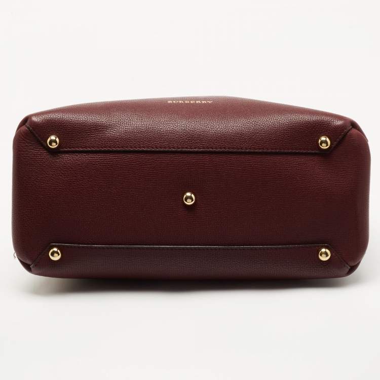 Pre Owned Burberry Burgundy Leather and House Check Fabric Medium Banner Tote