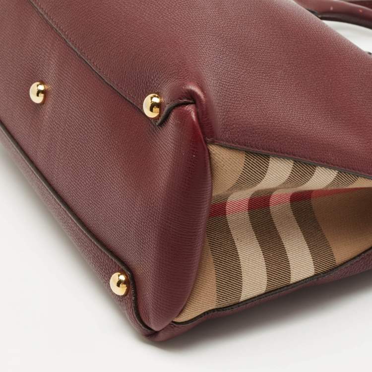 Pre Owned Burberry Burgundy Leather and House Check Fabric Medium Banner Tote