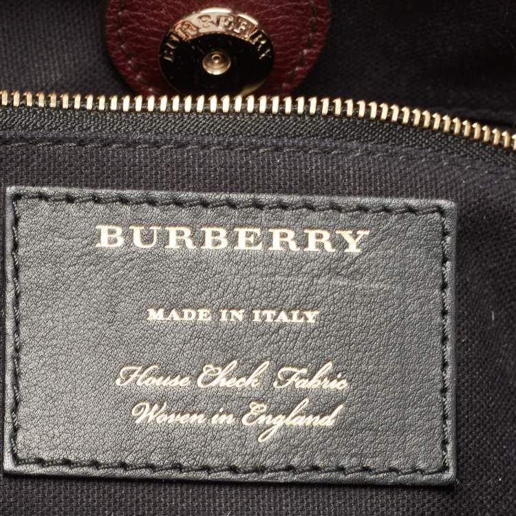 Pre Owned Burberry Burgundy Leather and House Check Fabric Medium Banner Tote