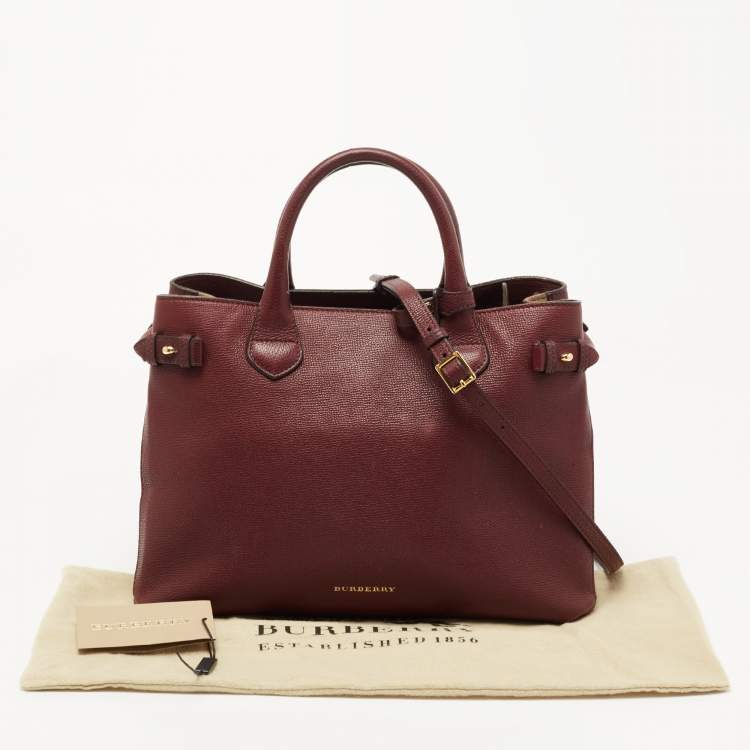 Pre Owned Burberry Burgundy Leather and House Check Fabric Medium Banner Tote