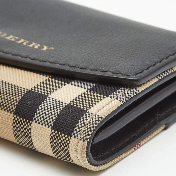 Pre Owned Burberry Black/Beige Housecheck Nylon and Leather Flap Compact Wallet
