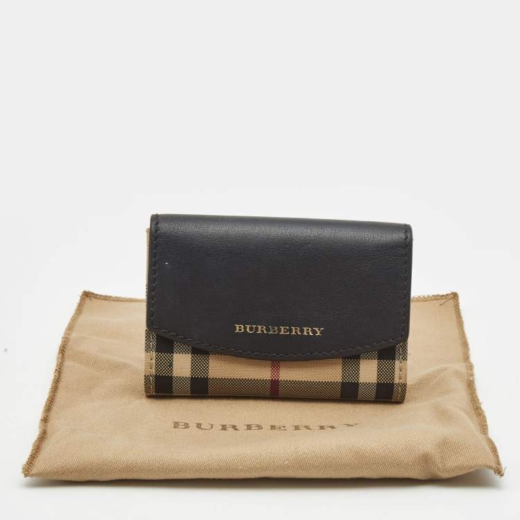 Pre Owned Burberry Black/Beige Housecheck Nylon and Leather Flap Compact Wallet
