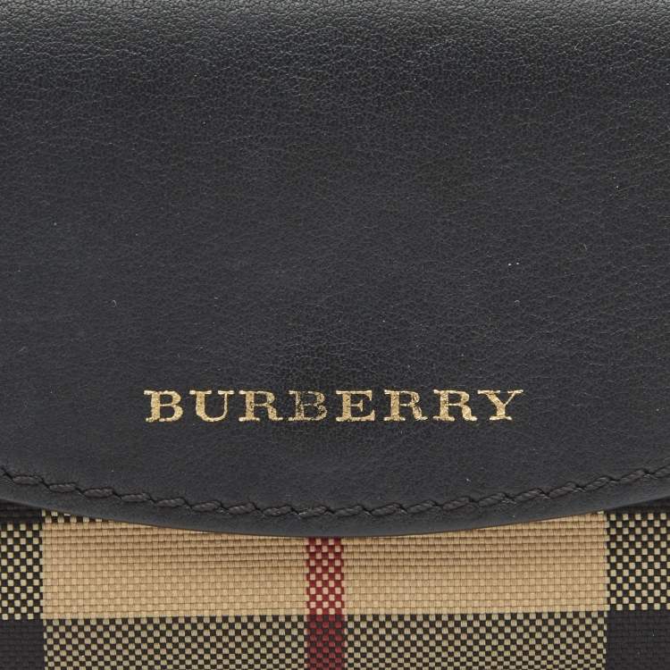 Pre Owned Burberry Black/Beige Housecheck Nylon and Leather Flap Compact Wallet