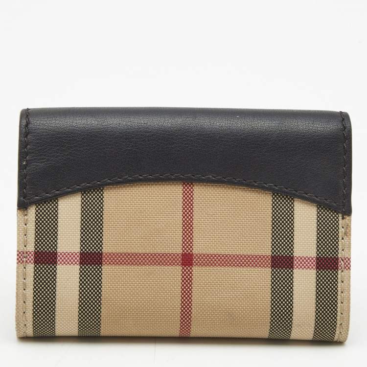 Pre Owned Burberry Black/Beige Housecheck Nylon and Leather Flap Compact Wallet
