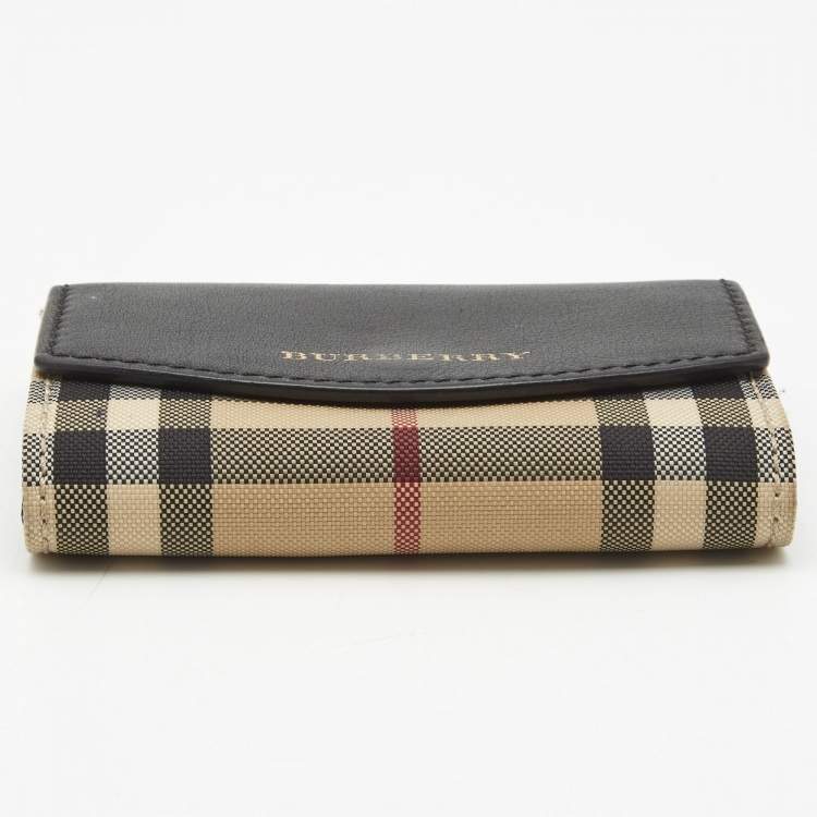 Pre Owned Burberry Black/Beige Housecheck Nylon and Leather Flap Compact Wallet