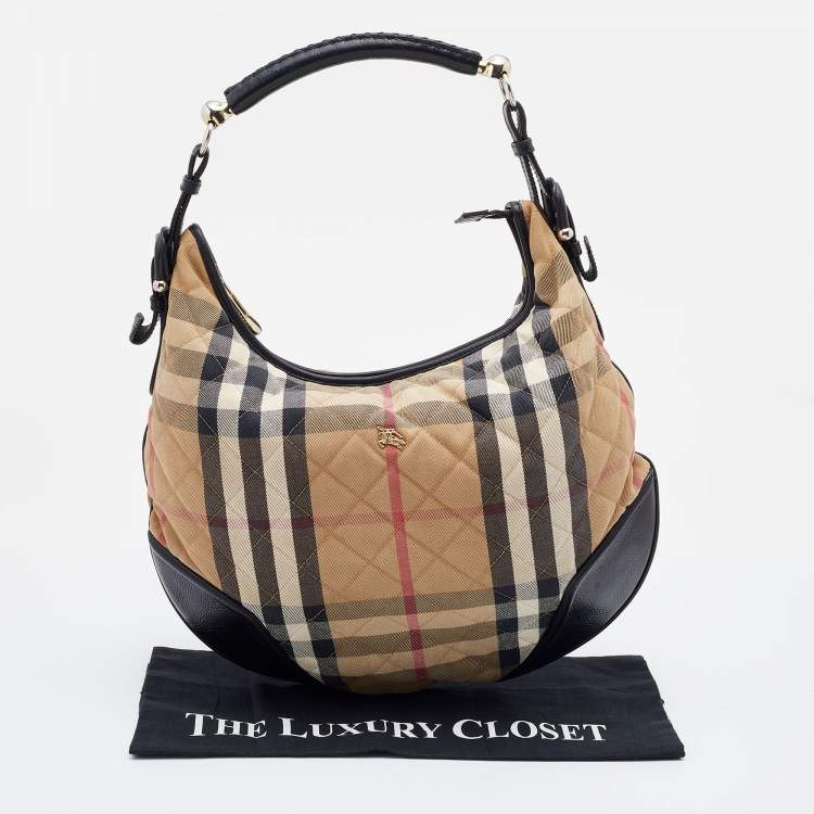 Pre Owned Burberry Beige/Black House Check Canvas and Leather Hoxton Hobo