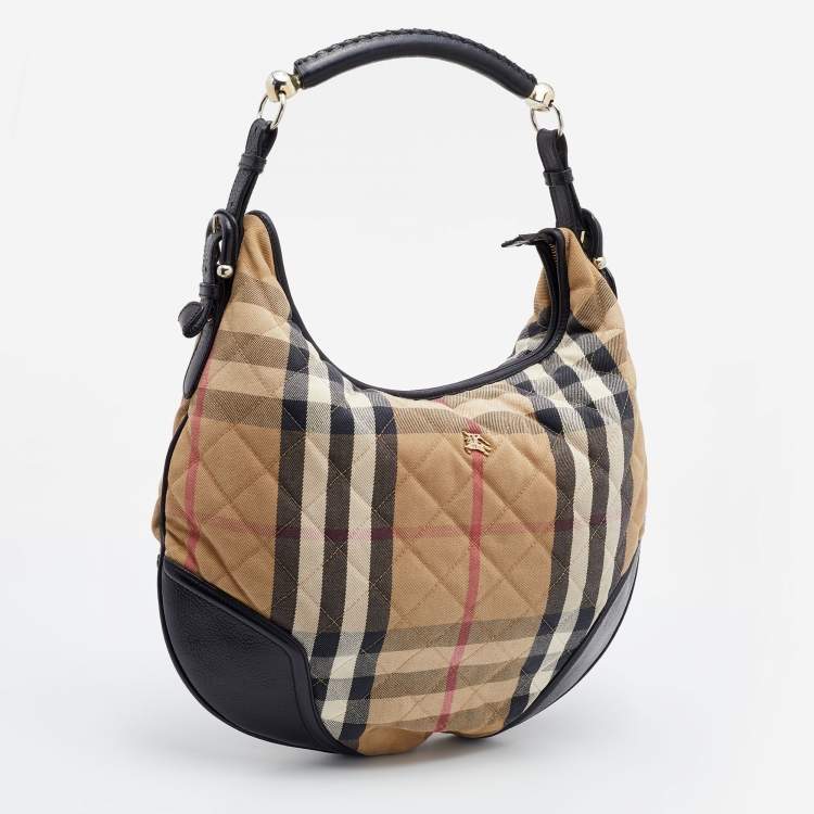 Pre Owned Burberry Beige/Black House Check Canvas and Leather Hoxton Hobo