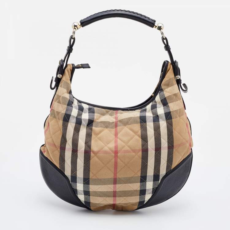 Pre Owned Burberry Beige/Black House Check Canvas and Leather Hoxton Hobo
