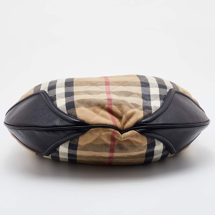 Pre Owned Burberry Beige/Black House Check Canvas and Leather Hoxton Hobo