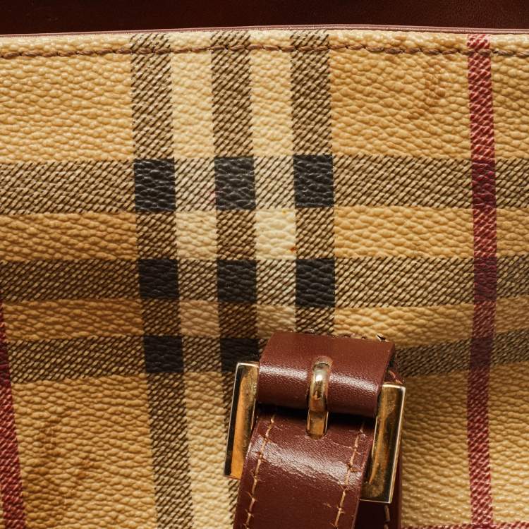 Pre Owned Burberry Beige/Brown Haymarket Coated Canvas and Leather Bucket Bag