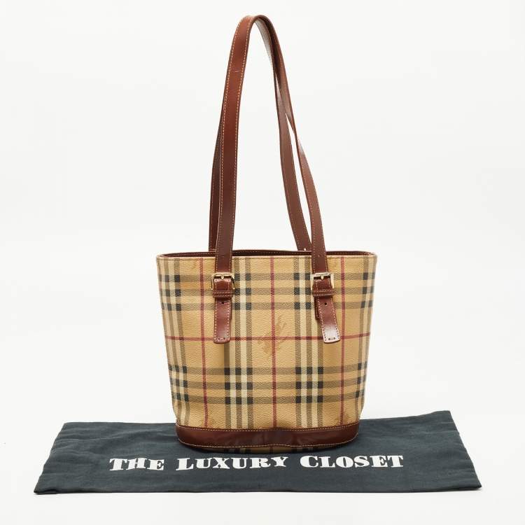 Pre Owned Burberry Beige/Brown Haymarket Coated Canvas and Leather Bucket Bag