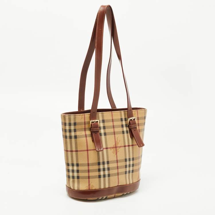 Pre Owned Burberry Beige/Brown Haymarket Coated Canvas and Leather Bucket Bag
