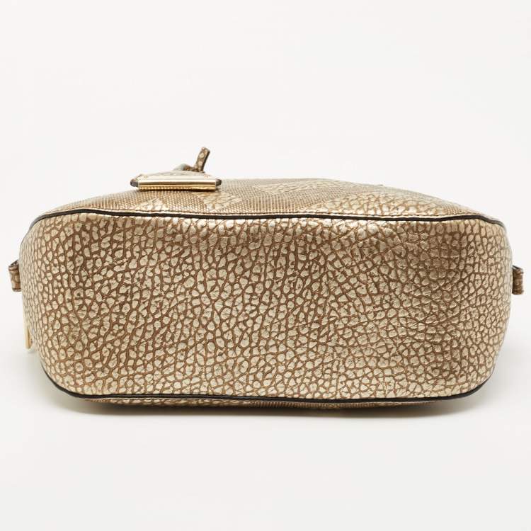 Pre Owned Burberry Gold Heritage Check Embossed Leather Small Orchard Bowler Bag